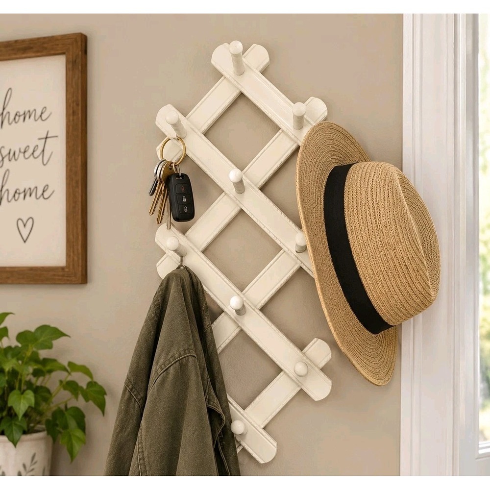 Cottagecore Farmhouse Accordion Peg Rack White Wood Expandable Wall Hanger